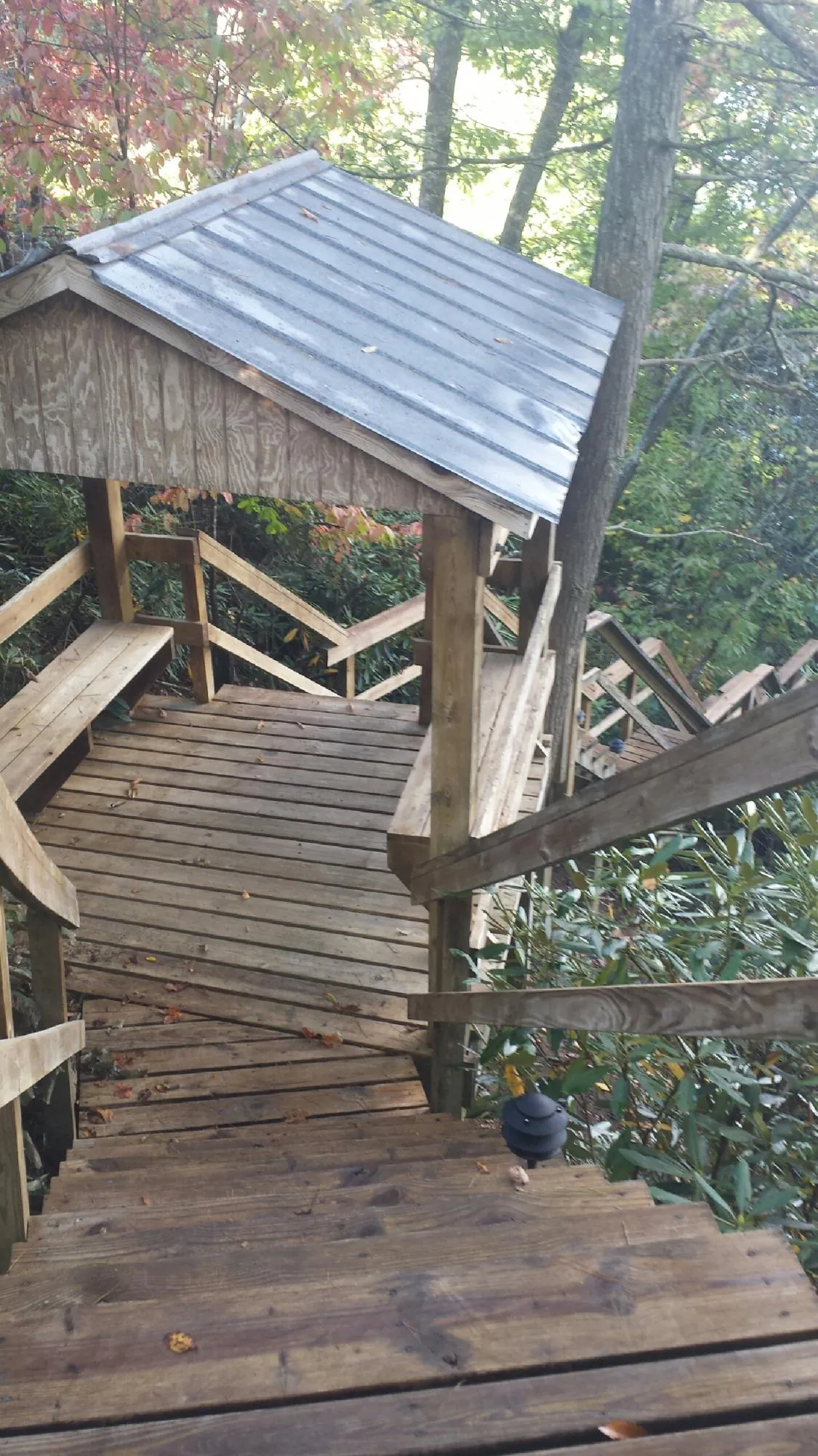 Metal roofed shelter over wooden steps on a wooded walkway — Skylight Repair & Installation work by our crew in Dalbo